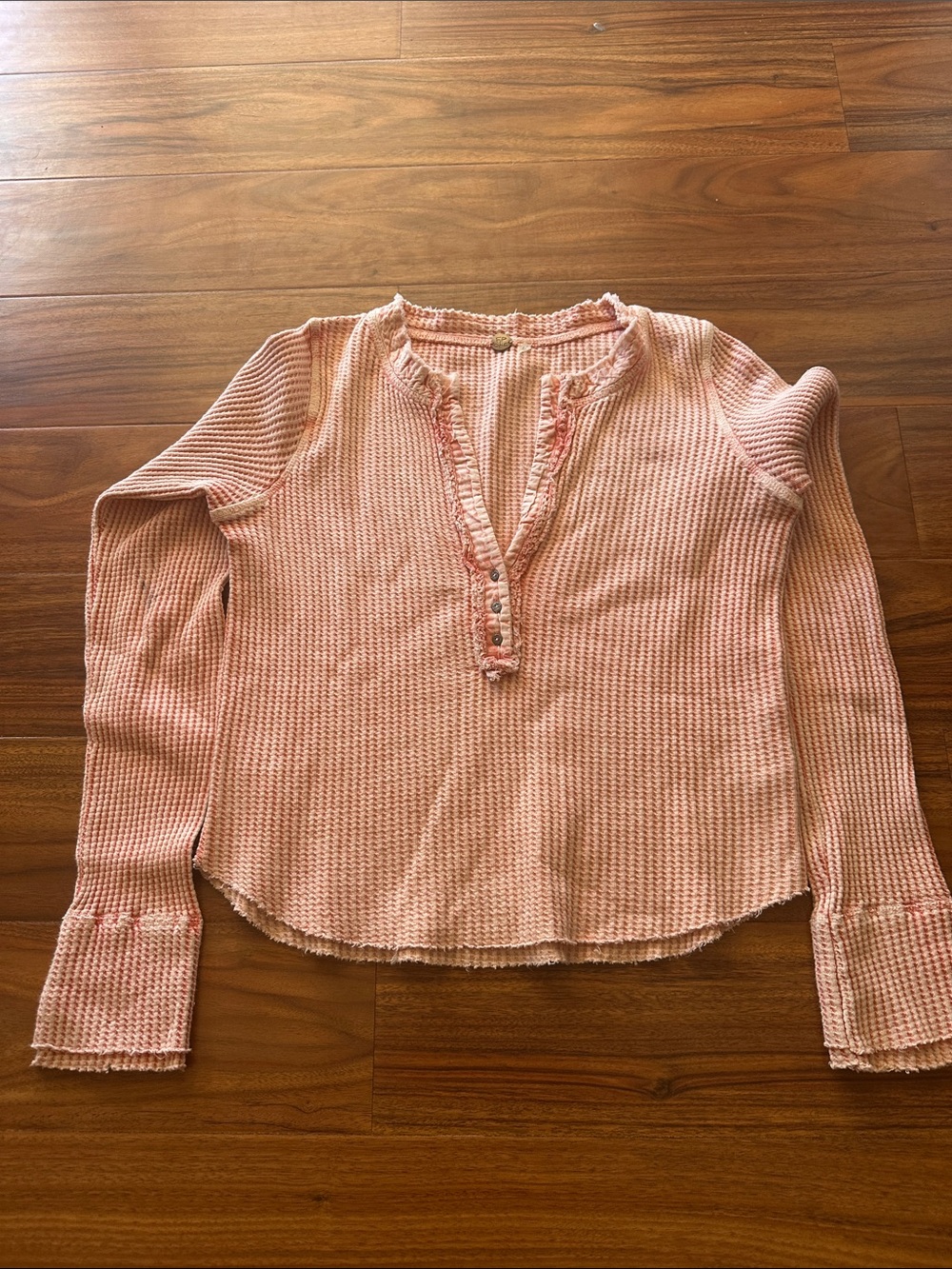 FP One Relaxed Pink Waffle-Knit Long Sleeve Ruffled Henley